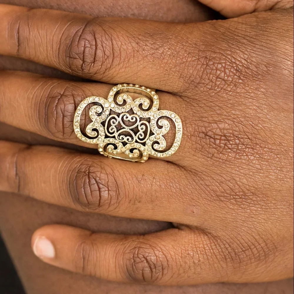 Regal Regalia Copper Tone Stretch Cocktail Ring With Gold Rhinestone Crystals